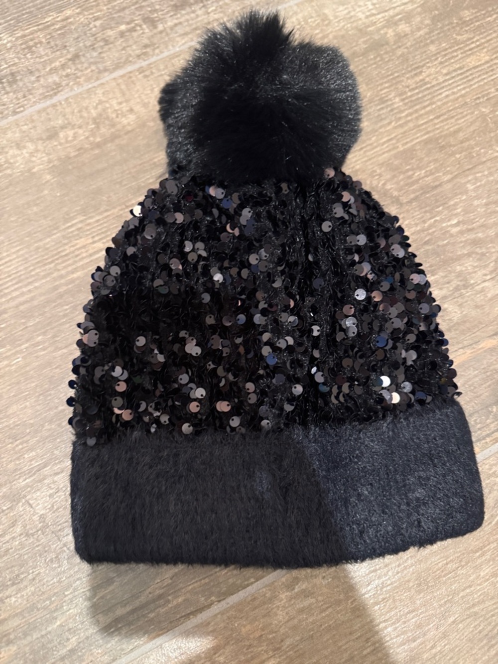 Black Sequin Pom Beanie